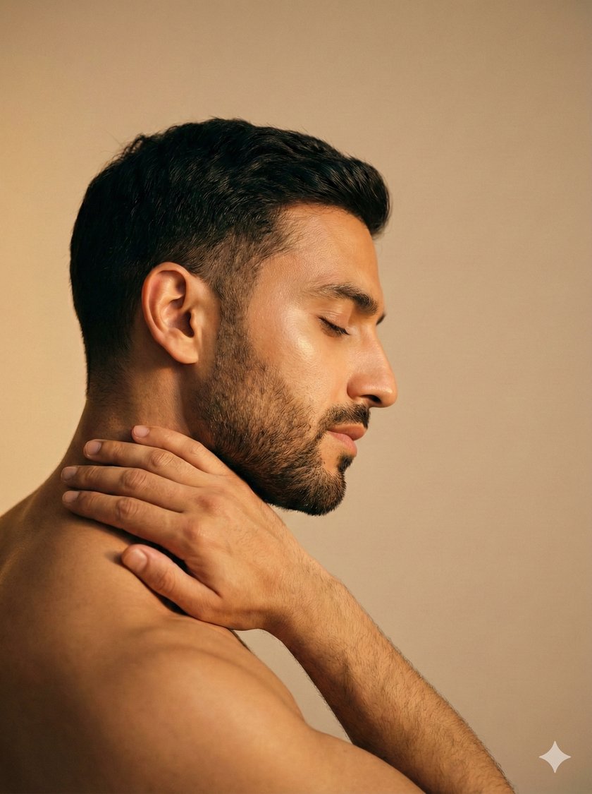 Profil homme jeune — main sur l'épaule, lumière dorée, médecine esthétique Cabinet Épione