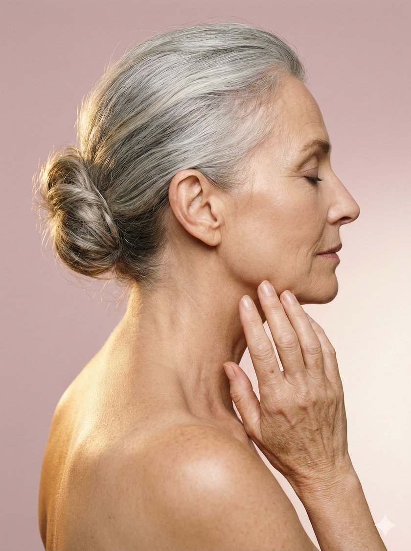 Profil femme mature aux cheveux argentés — main sur le cou, lumière dorée, médecine esthétique Cabinet Épione
