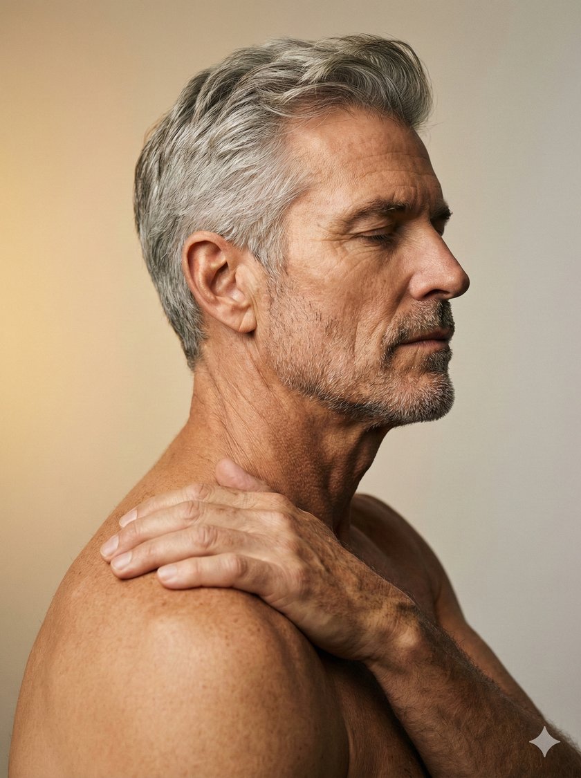 Profil homme mature aux cheveux argentés — main sur l'épaule, lumière dorée, médecine esthétique Cabinet Épione