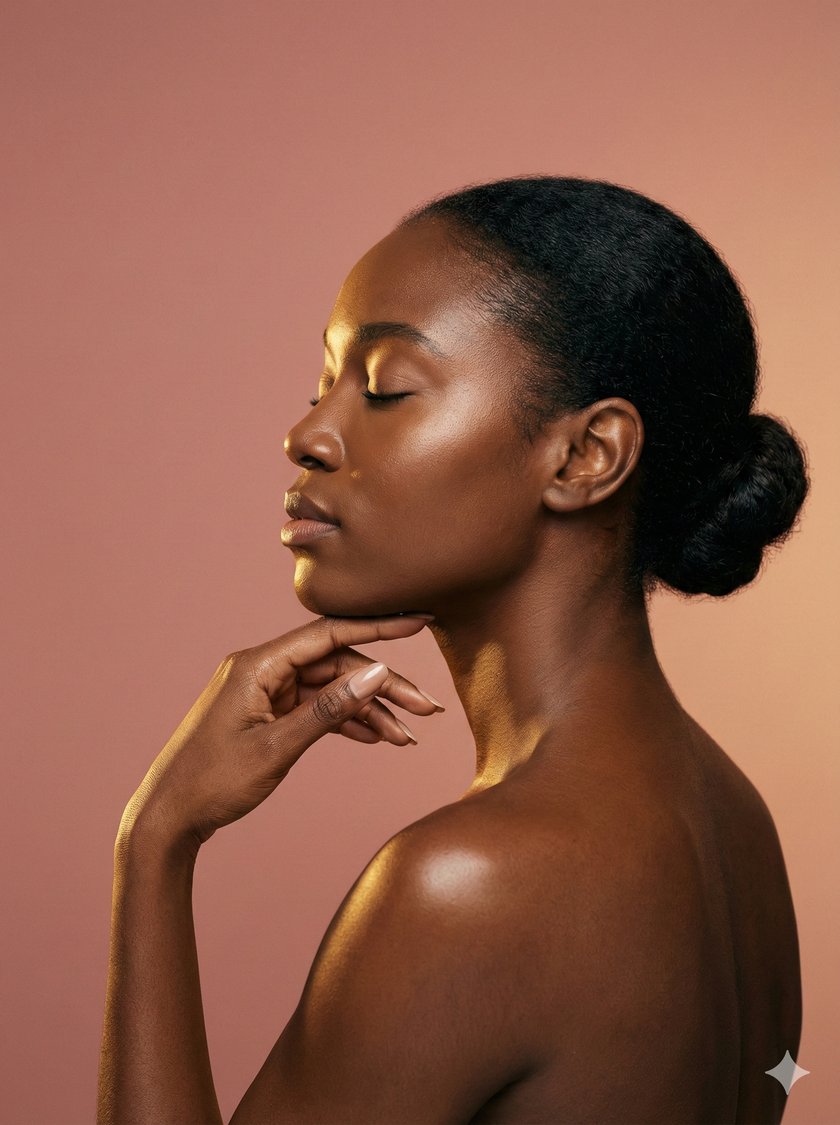 Profil femme jeune — main sous le menton, lumière dorée, médecine esthétique Cabinet Épione