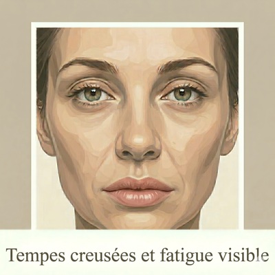 Tempes creusées et fatigue visible